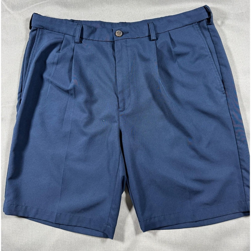 Haggar Mens 38 Blue Chino Shorts Classic Fit Pleated Microfiber HS10602